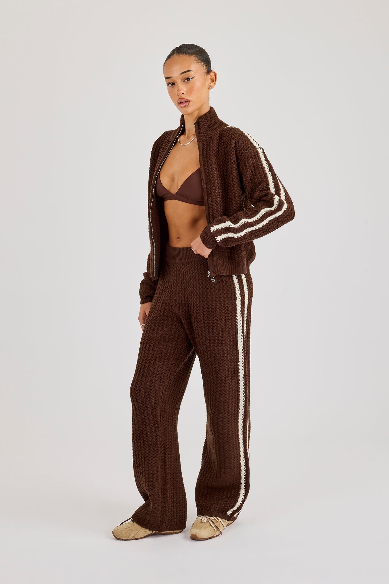Open Knit Funnel Neck Jacket & Wide Leg Jogger With Tape Detailing - Dark Brown